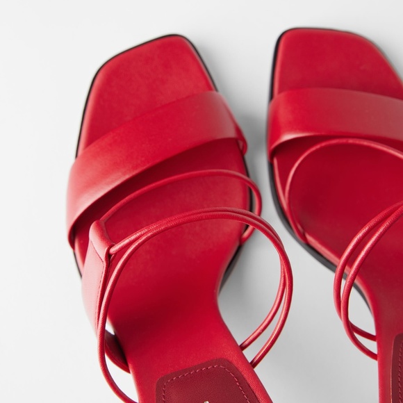 ZARA RED 100% LEATHER HEELED STRAPPY SANDALS - Picture 7 of 11